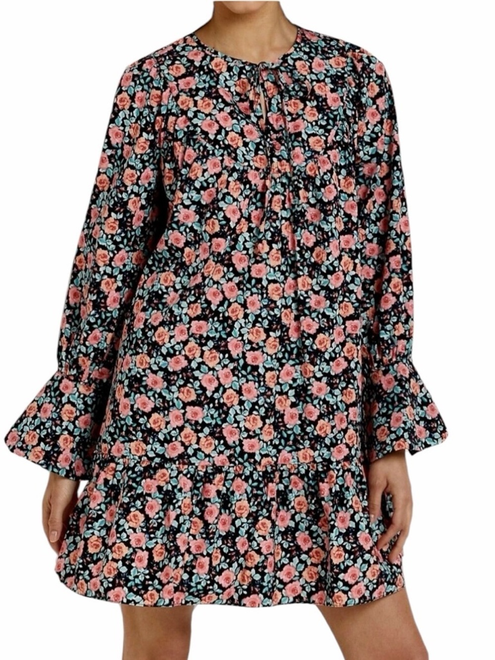 River Island Floral Mini Dress Bell Sleeve Boho Cottagecore Size 8